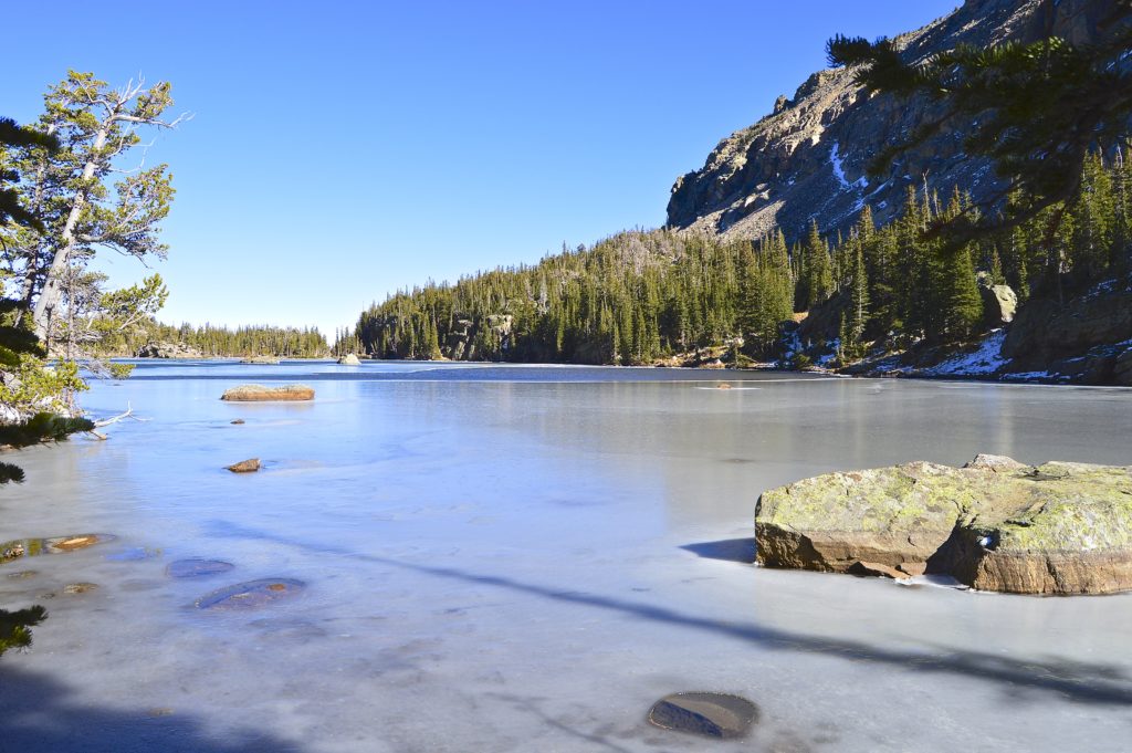 the loch in rocky mountain national park on sky pond trail