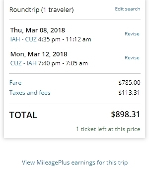 Sample United Flight cost in USD