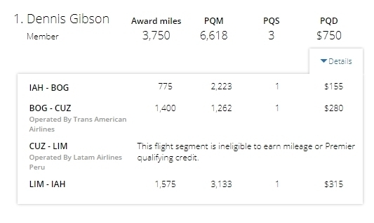 Sample United Airlines Flight Award Miles Earned